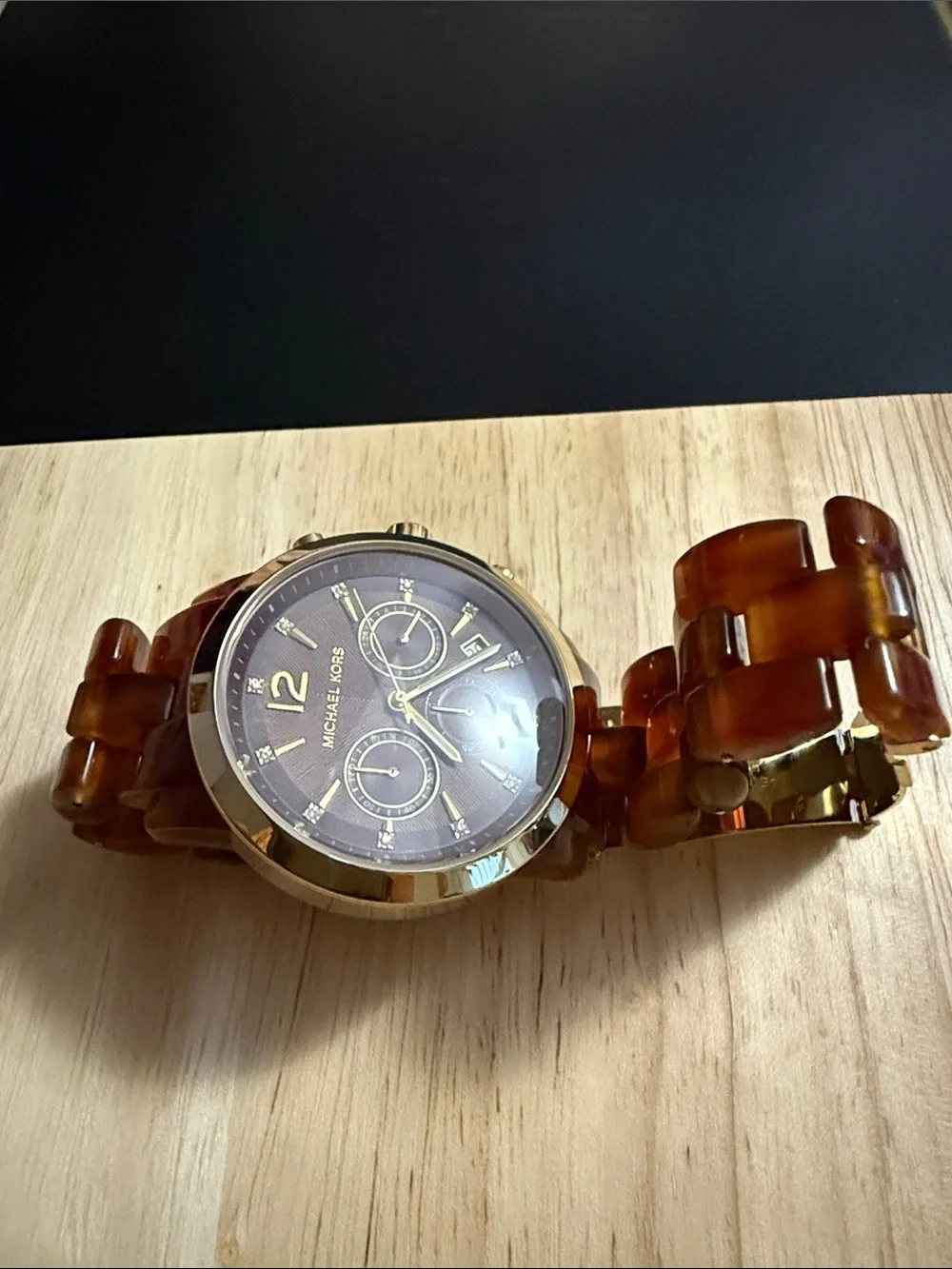 Michael Kors Brown Tortoiseshell Resin Link Chronograph Watch with Gold Accents